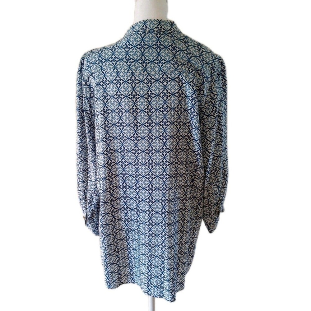 Rock Flower Paper Button Front Pintuck Shirt Blue White Floral Geometric Medium - Picture 5 of 6